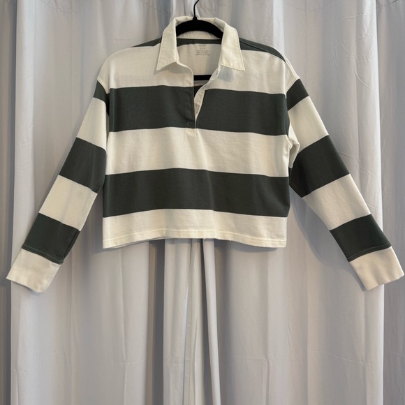 Aerie Striped Cropped Rugby Shirt Sporty Prep Oversized Womens XS Green White - Picture 2 of 13